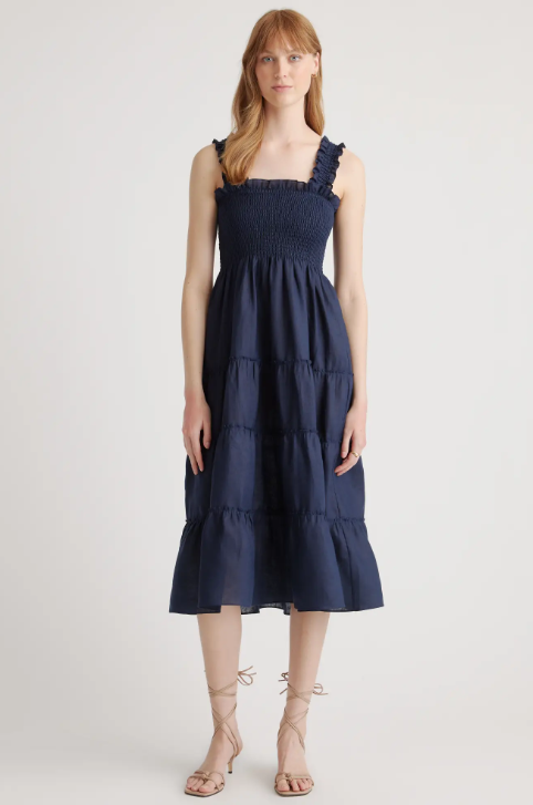 Quince 100% European Linen Smocked Midi Dress